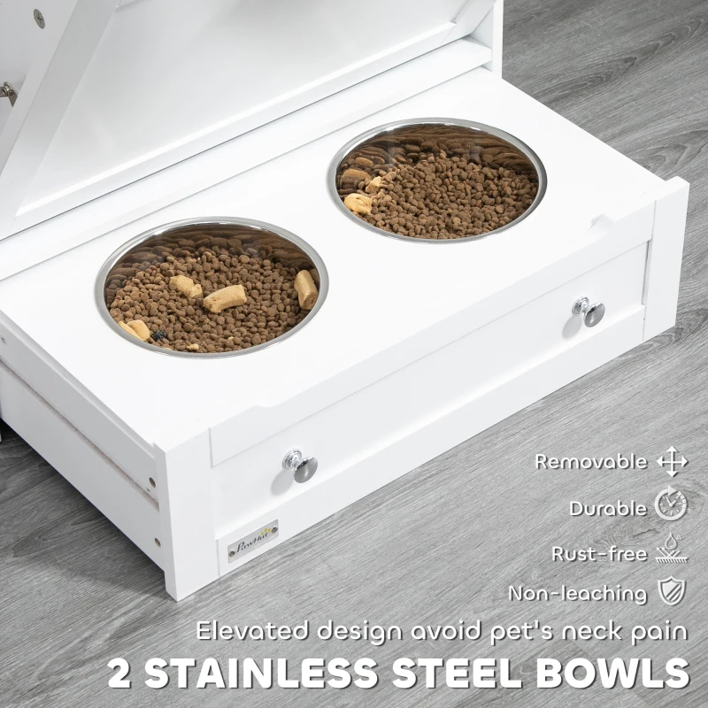 PawHut 3 in 1 Pet Furniture Set with Dog Crate Furniture, Dog Feeding Station and Foldable Pet Gate, for Home Indoor, White