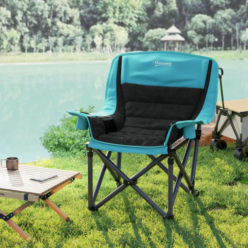Outsunny Camping Chair for Adults, Portable Folding Camping Chair w/ Side Pockets, Cup Holders, Carry Bag, Green and Black