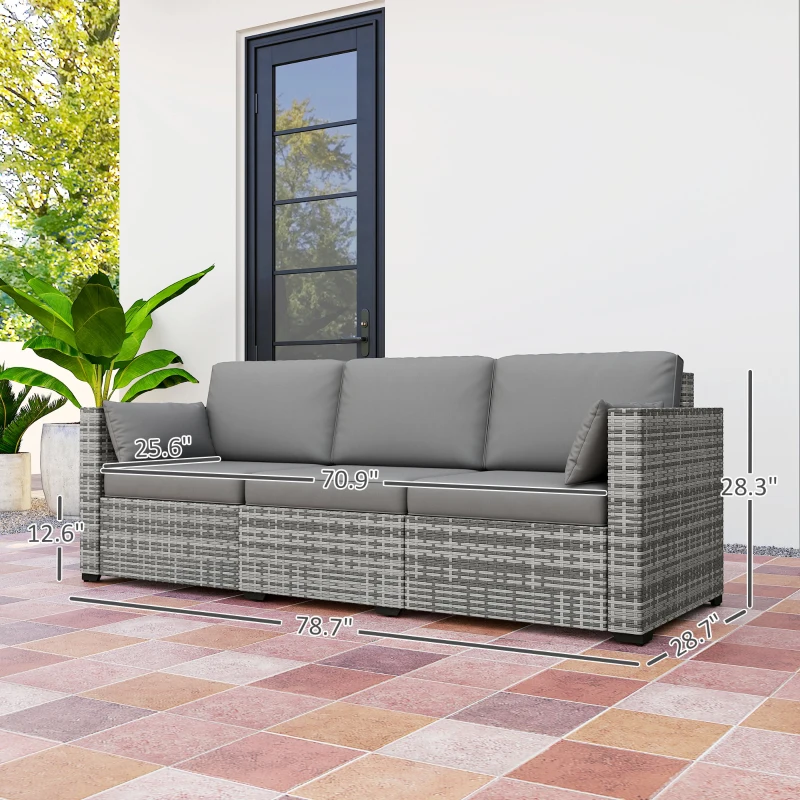 Outsunny Patio Couch PE Wicker Deep Seating Outdoor Sofa with Removable Cushions, 3 Seater Rattan Sofa, Outdoor Furniture for Balcony, Deck, Garden and Poolside, Gray