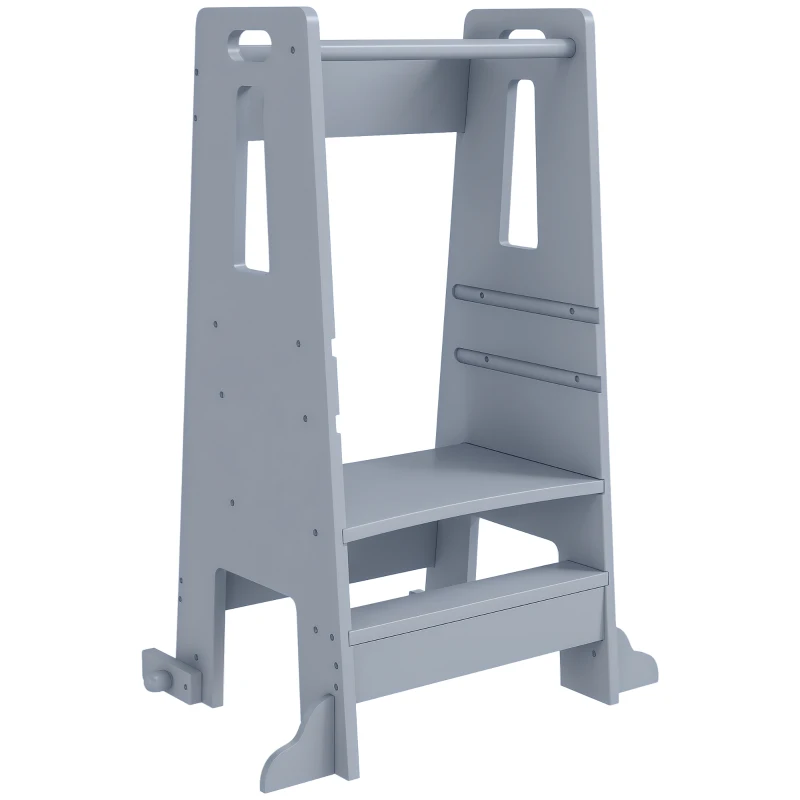 Qaba Height Adjustable Toddler Tower w/ Safety Rail, Handlbar, for Bathroom, Kitchen, Gray