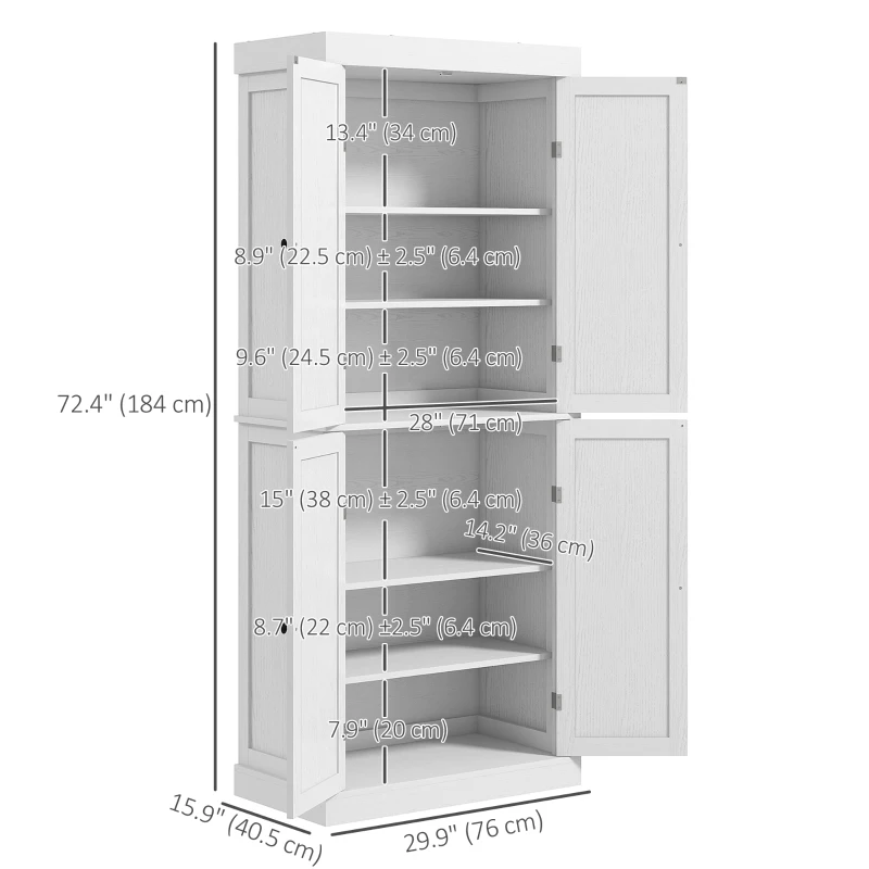 HOMCOM 72.5" Freestanding Kitchen Pantry Cabinet with 4 Doors, White