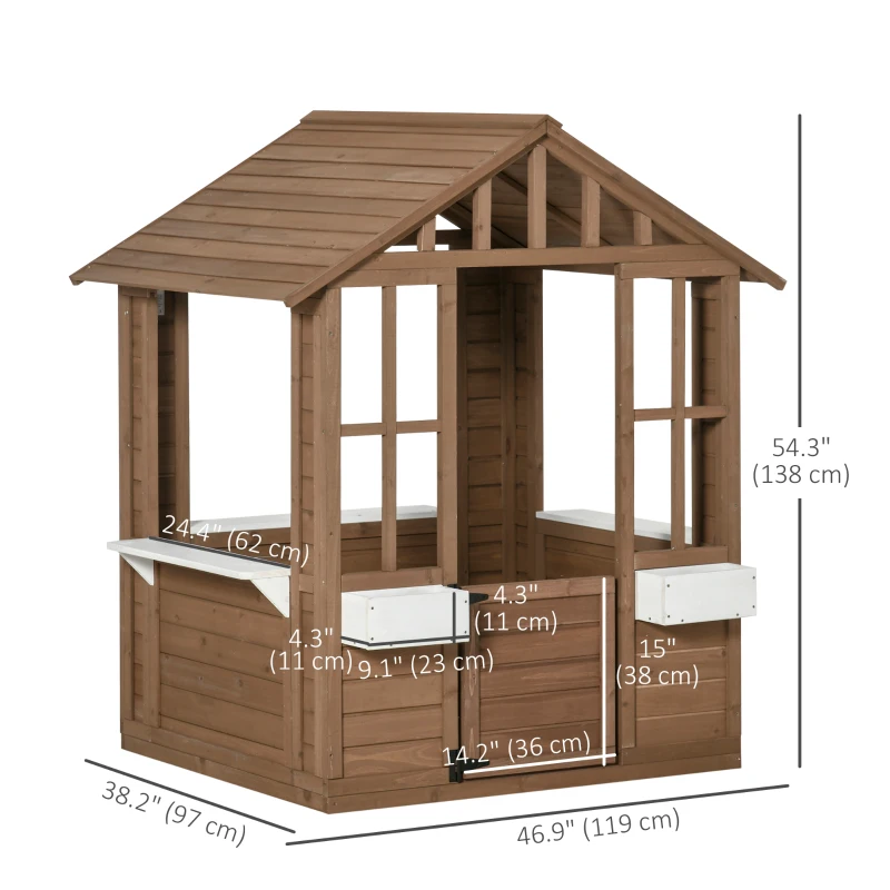 Outsunny Kids Wooden Playhouse, Outdoor Garden Games Cottage with Flowers Pot Holder, Working Door, Windows, Brown
