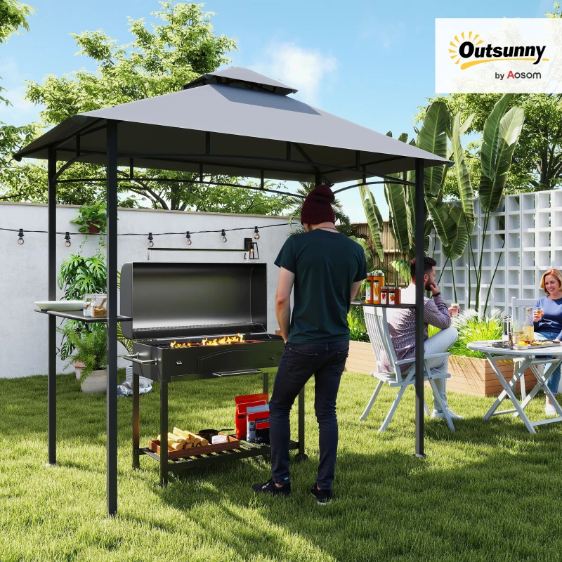 Outsunny 8' x 5' Grill Gazebo with Double Roof, Outdoor BBQ Canopy Gazebo with 2 Side Shelves for Patio Yard Garden Gray