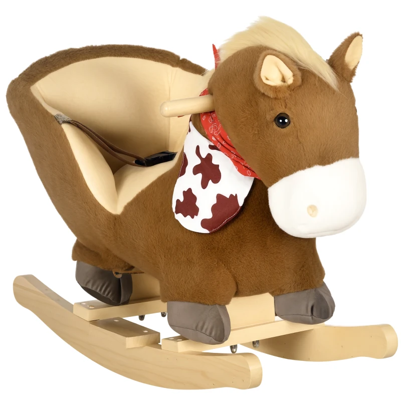 Qaba Baby Rocking Horse, Riding Horse, Plush Animal Rocker with Realistic Sound, Pedals for Ages 18-36 Months, Brown