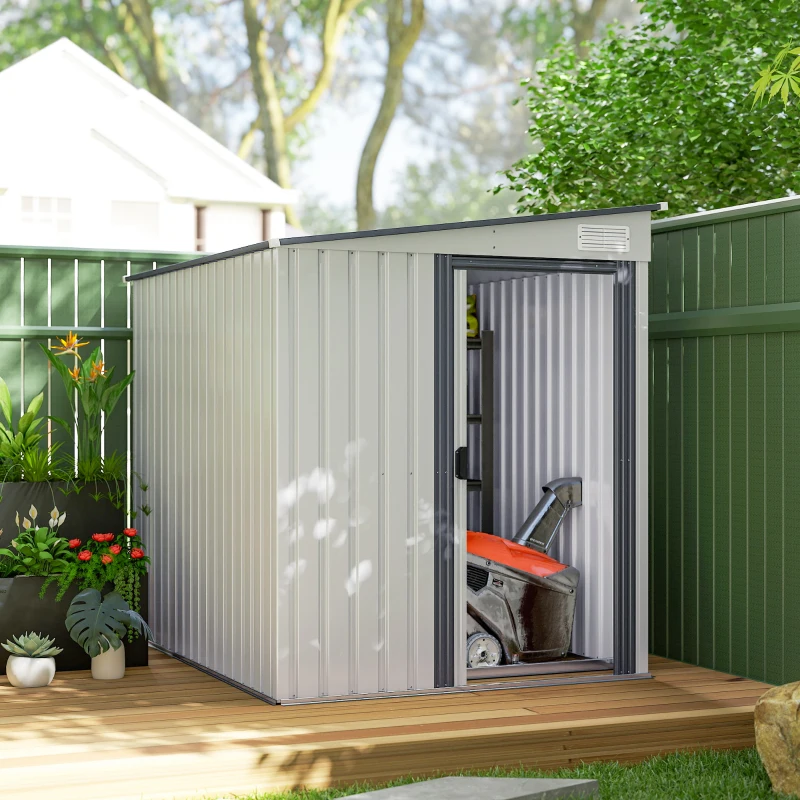 Outsunny 5x7 Garden Shed, Lean-to Metal Storage with Foundation, Sliding Door & 2 Vents for Garden Tools, White