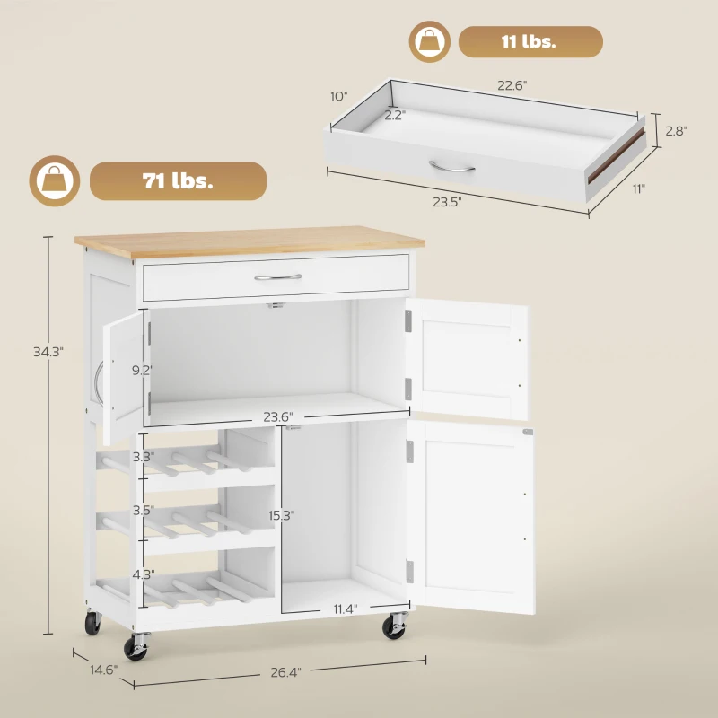 HOMCOM Rolling Kitchen Cart, Kitchen Island with Storage Drawer, 9-bottle Wine Rack, Door Cabinets, Wooden Countertop, White