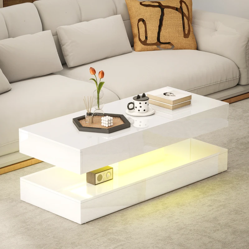 HOMCOM Coffee Table with Adjustable LED Lights, Modern Living Room Table with 2 Drawers, Open Shelf, Remote, High Gloss White