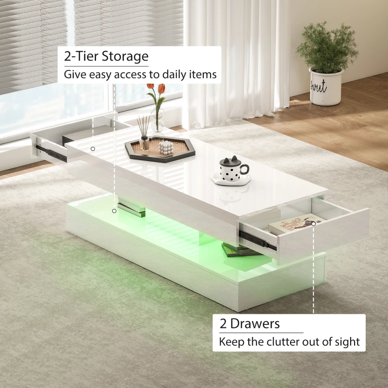 HOMCOM Coffee Table with Adjustable LED Lights, Modern Living Room Table with 2 Drawers, Open Shelf, Remote, High Gloss White