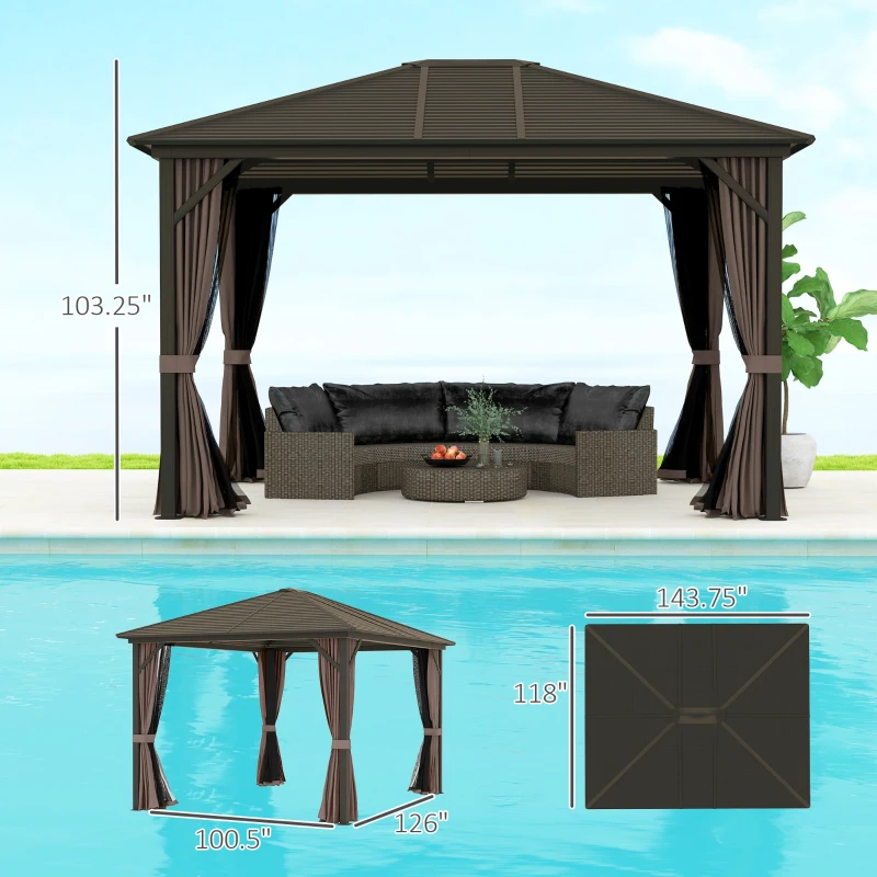 Outsunny 10' x 12' Hardtop Gazebo with Curtains and Netting, Gazebo Canopy with Aluminum Frame and Hooks, Coffee