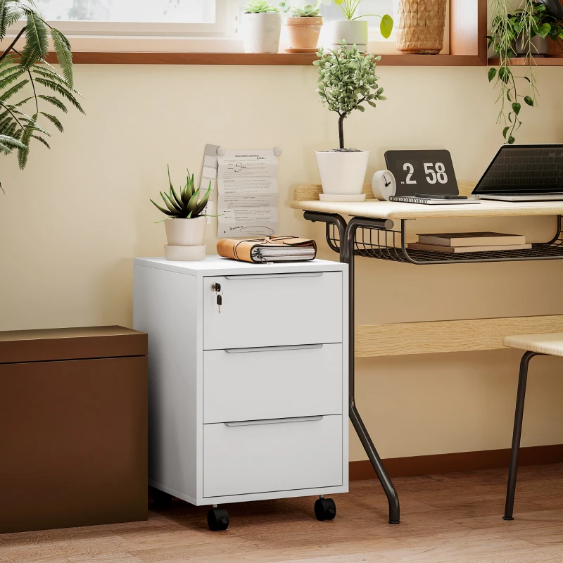 HOMCOM 3-Drawer File Cabinet with Wheels, Vertical Filing Cabinet with Lock, White