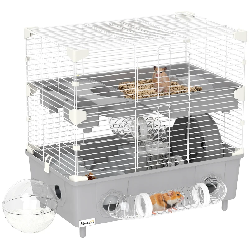 PawHut 2-Tier Hamster Cage with Sand Bathroom, Running Wheel, Water Bottle, Tubes, Accessories, for Dwarf Hamster, Gray