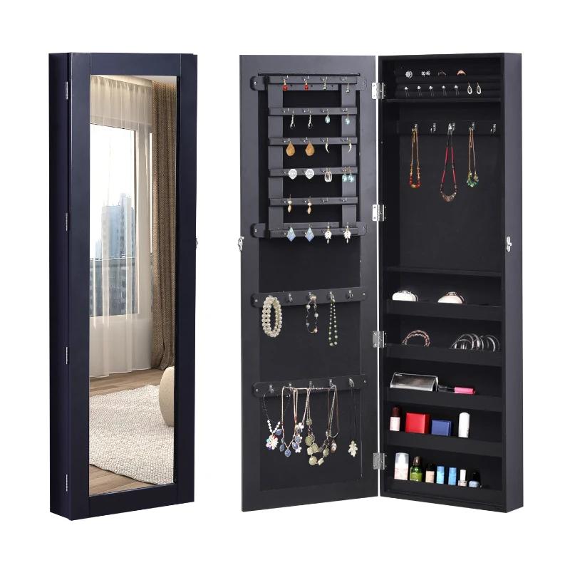 HOMCOM Mirrored Jewellery Cabinet Hanging Wall Mount Real Glass Mirror Locked Black