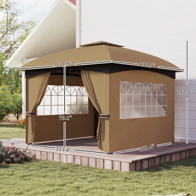 Outsunny 11' x 11' Outdoor Gazebo, Double Roof Patio Gazebo with Curtains, Church Windows, Galvanized Steel Frame, Beige