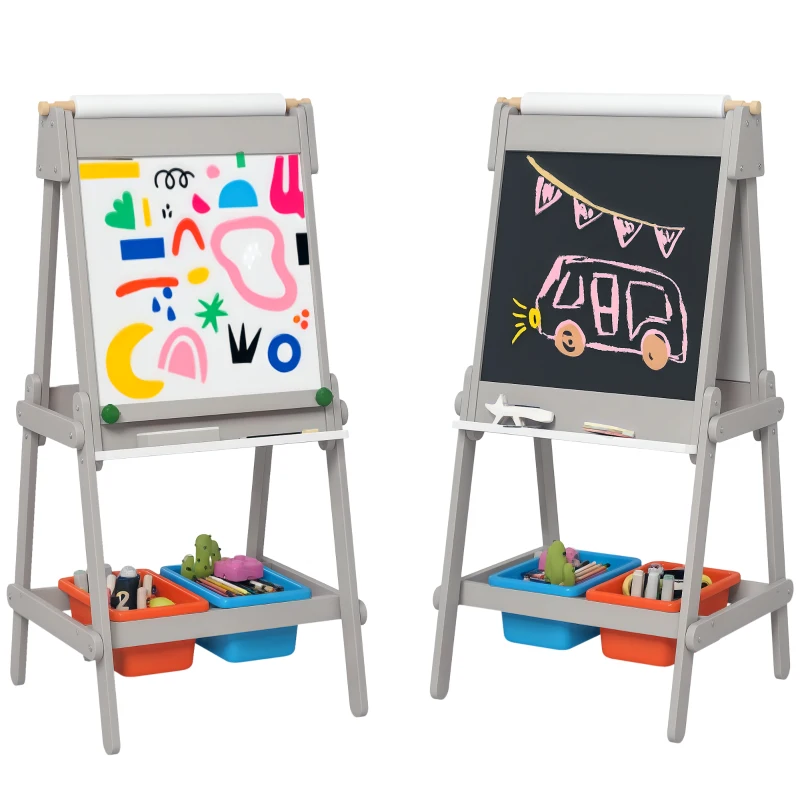 Qaba Easel for Kids, Art Easel w/ Paper Roll, Double Sided Whiteboard & Chalkboard with 2 Storage Boxes