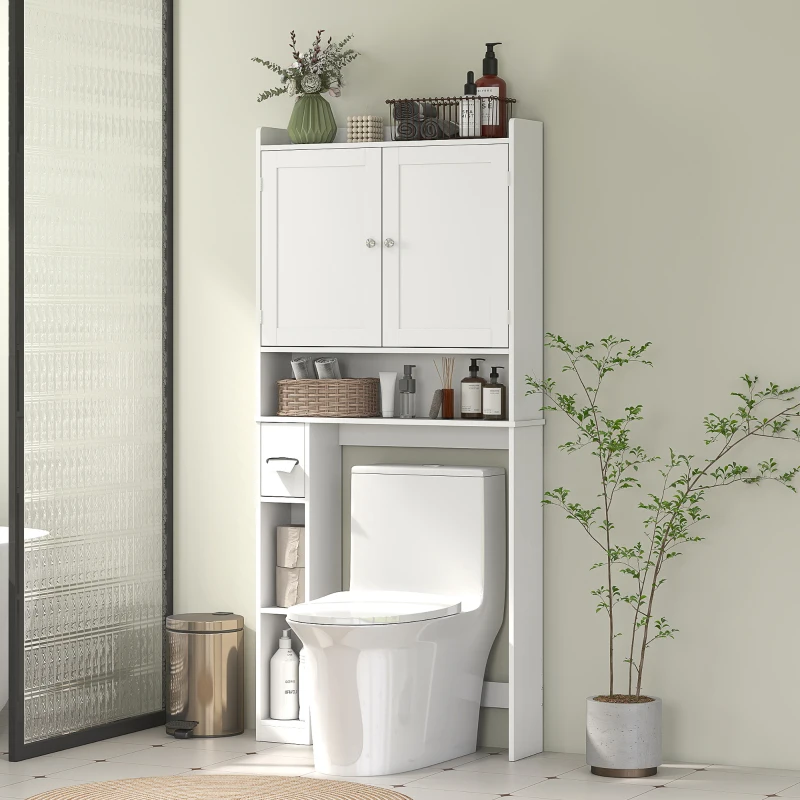 HOMCOM Modern Over the Toilet Storage Cabinet with 2 Doors, Above Commode Storage Cabinet with Toilet Paper Holder, White