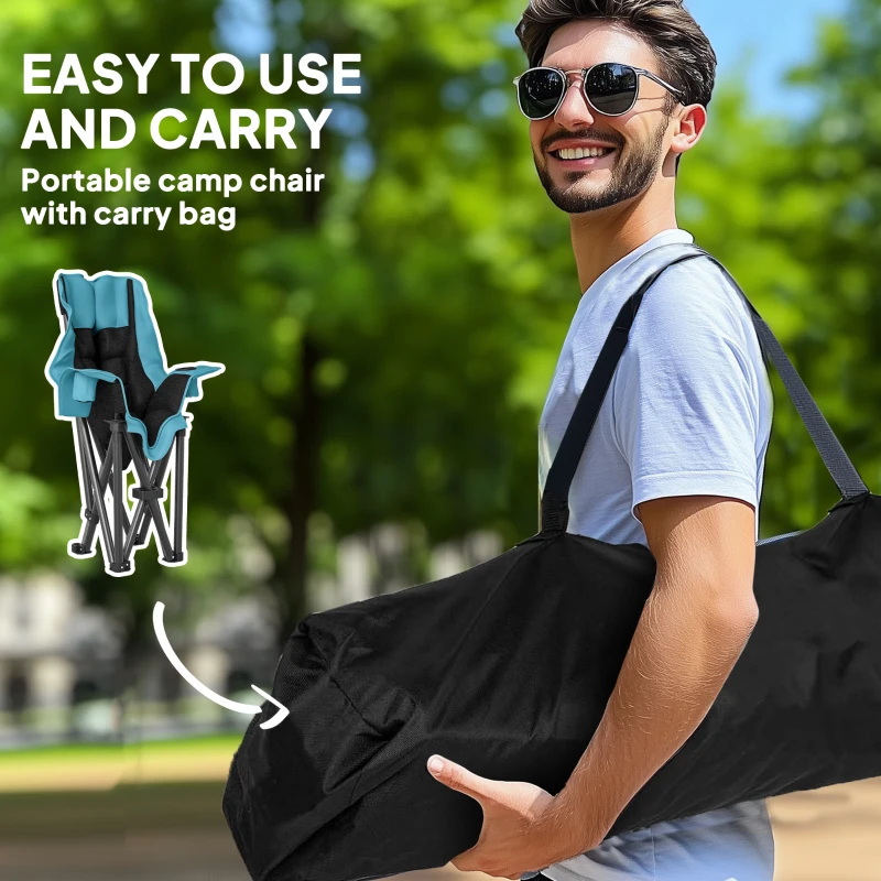 Outsunny Camping Chair for Adults, Portable Folding Camping Chair w/ Side Pockets, Cup Holders, Carry Bag, Green and Black