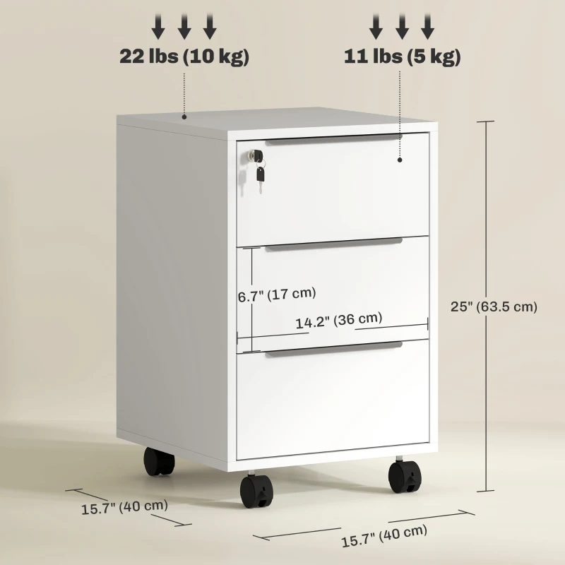 HOMCOM 3-Drawer File Cabinet with Wheels, Vertical Filing Cabinet with Lock, White