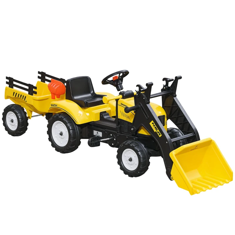 Aosom Ride-On Kids Bulldozer/Excavator Toy with Real Working Dirt Bucket, Easy Pedal Controls, 6 Wheels, & Cargo Trailer