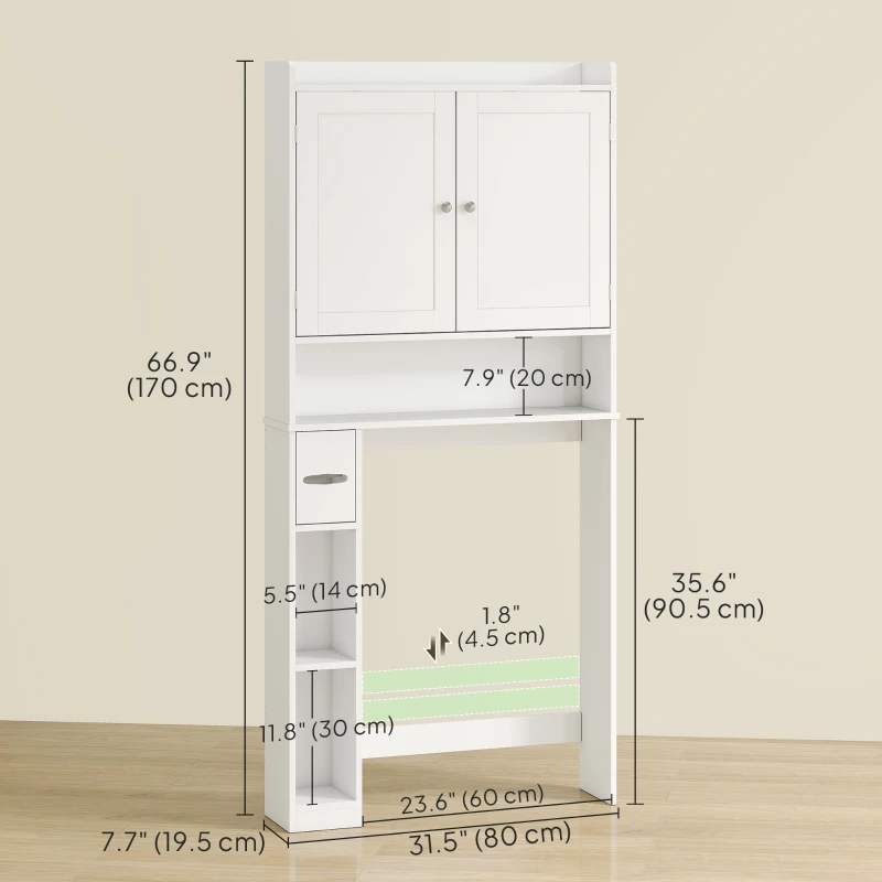 HOMCOM Modern Over the Toilet Storage Cabinet with 2 Doors, Above Commode Storage Cabinet with Toilet Paper Holder, White