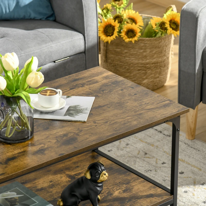 HOMCOM Industrial Coffee Table with Storage Shelf, 2-tier Center Table for Living Room, Rustic Brown