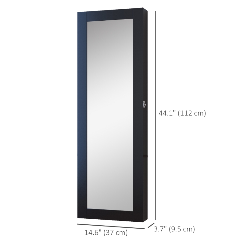 HOMCOM Mirrored Jewellery Cabinet Hanging Wall Mount Real Glass Mirror Locked Black
