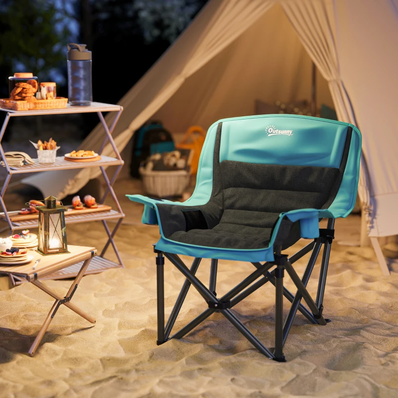 Outsunny Camping Chair for Adults, Portable Folding Camping Chair w/ Side Pockets, Cup Holders, Carry Bag, Green and Black