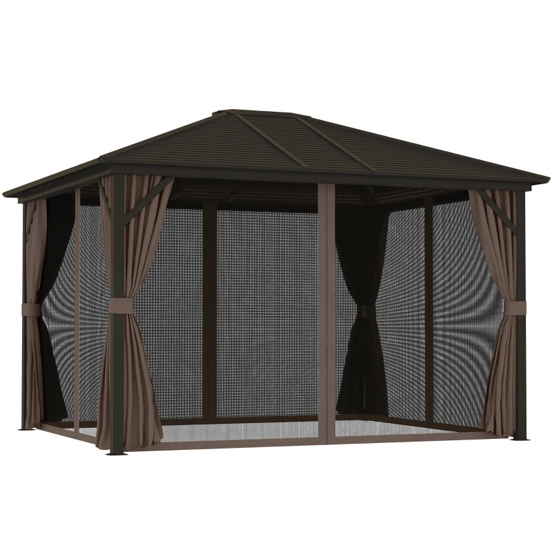 Outsunny 10' x 12' Hardtop Gazebo with Curtains and Netting, Gazebo Canopy with Aluminum Frame and Hooks, Coffee