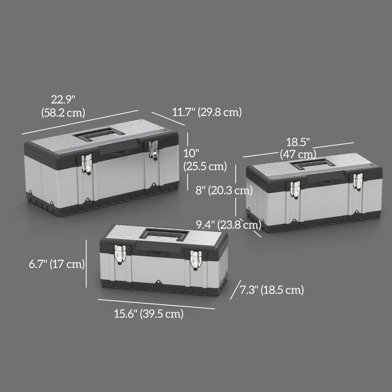 HOMCOM 3 Pieces Tool Box Set, Stainless Steel Toolbox with Tray, Handles, Latches, Tool Case for Workshop, Garage