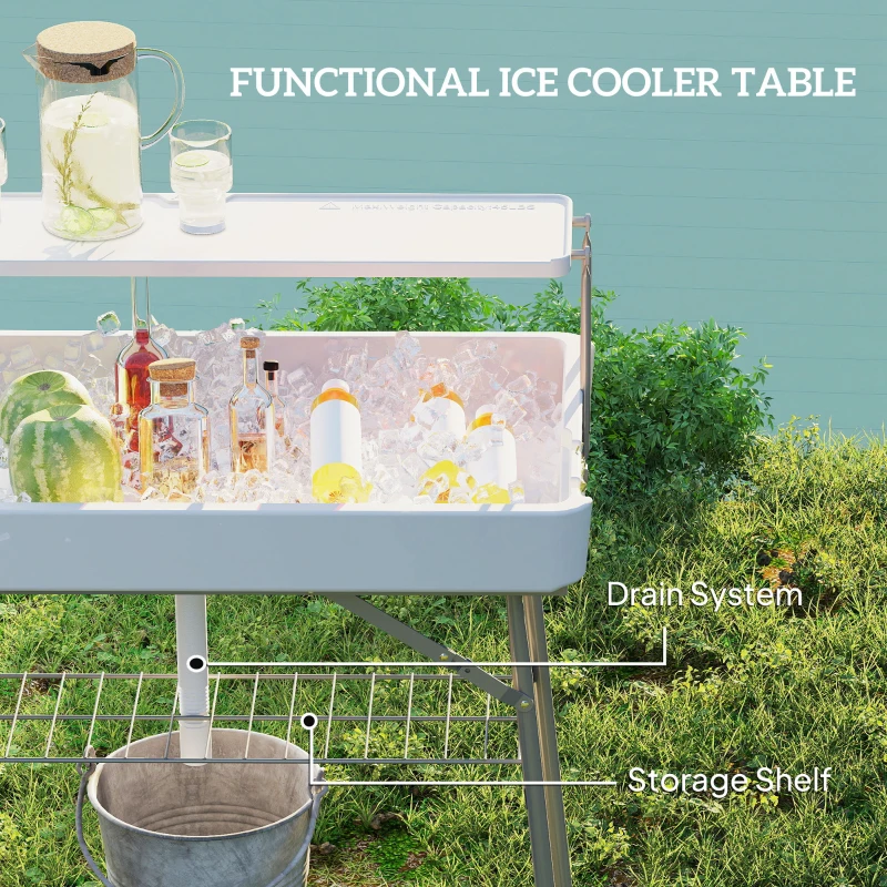 Outsunny 3.5ft Folding Ice Cooler Table with Drain, 2-Tier Outdoor Patio Party Cooler, Fishing Cleaning Table with Storage Shelf for Picnic BBQ Camping Wedding, White