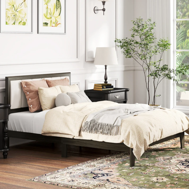 HOMCOM Full Bed Frame with Headboard Full Size Platform Bed Frame with Wooden Slats No Box Spring Needed Charcoal Gray