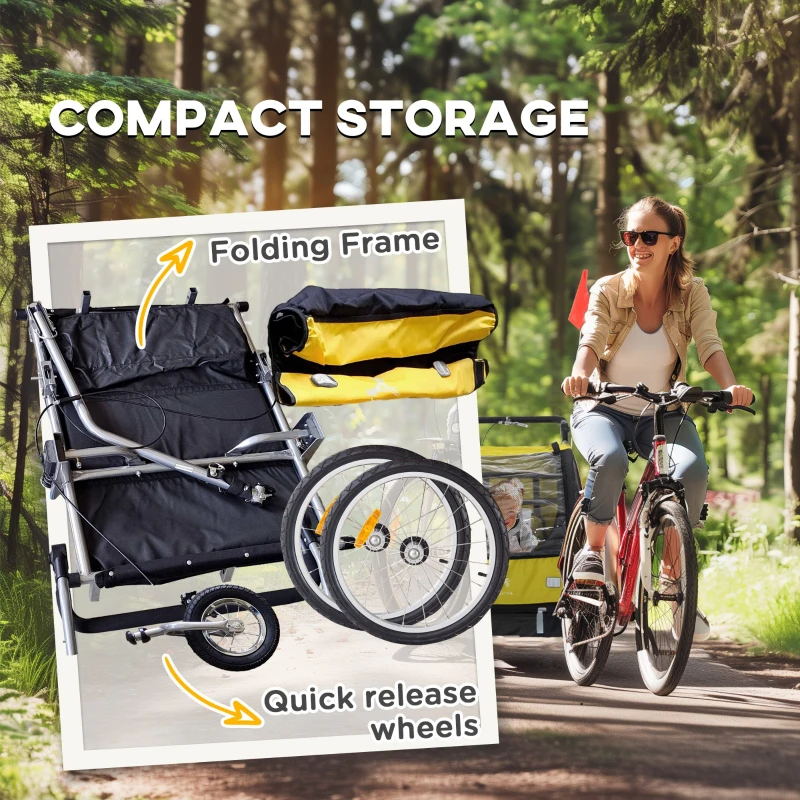 Aosom 2-in-1 Bike Trailer for Kids, Foldable 2-Seat Baby Stroller with 5-Point Harness, Rubber Wheels, Storage Bag, Yellow