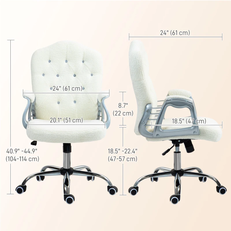Vinsetto Teddy Fleece Computer Chair, Button Tufted Desk Chair with Swivel Wheels, Adjustable Height White