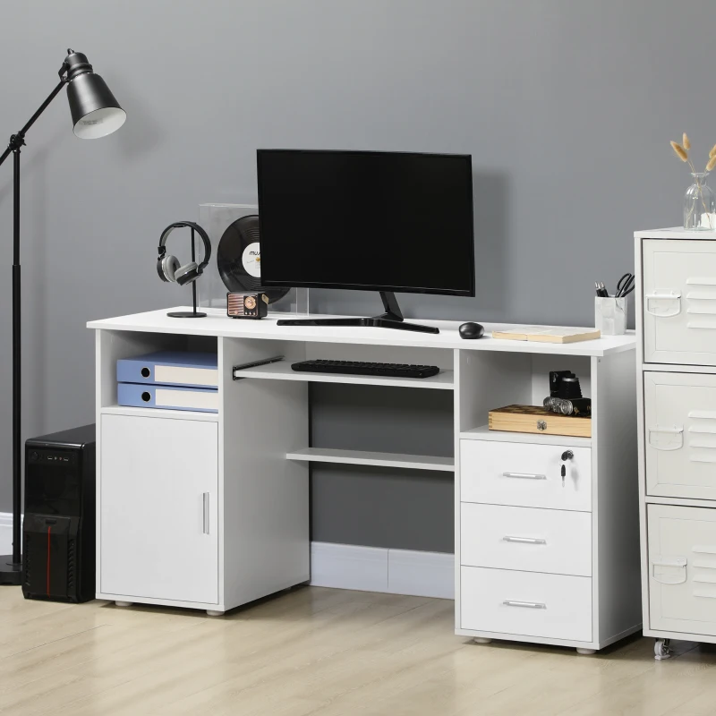 HOMCOM Computer Desk with Keyboard Tray and Drawers, Writing Desk, Home Office Workstation, White
