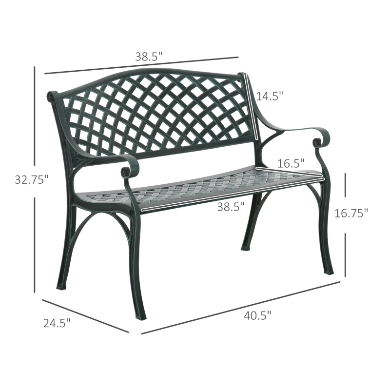 Outsunny Metal Garden Bench for Front Porch, Loveseat Like 2 Person, Armrests, Copper Color Cast Aluminum, Weaving Latticework Outdoor Furniture, Verdigris Green