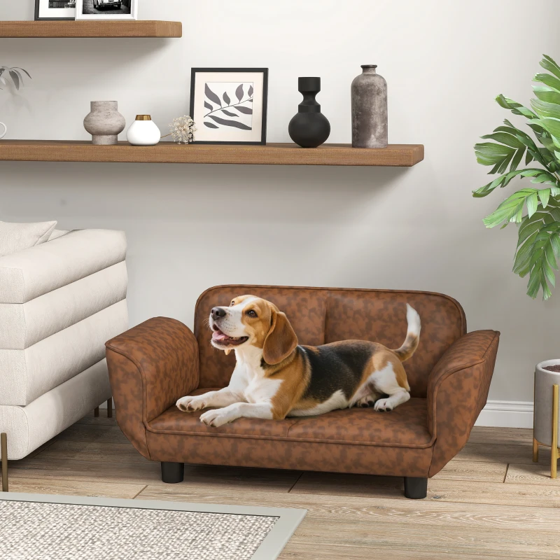 PawHut Pet Sofa Dog Bed Couch, Foldable Cat Lounger PU Leather Cover for Medium & Large Sized Animals, 39" x 21.75" x 17.75", Expandable to 52" x 30.25" x 7", Brown