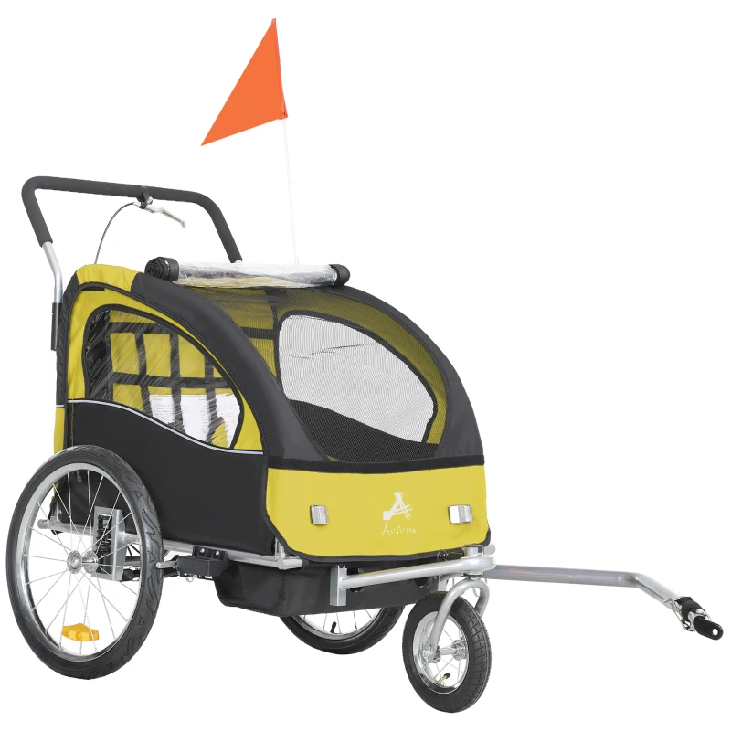 Aosom 2-in-1 Bike Trailer for Kids, Foldable 2-Seat Baby Stroller with 5-Point Harness, Rubber Wheels, Storage Bag, Yellow