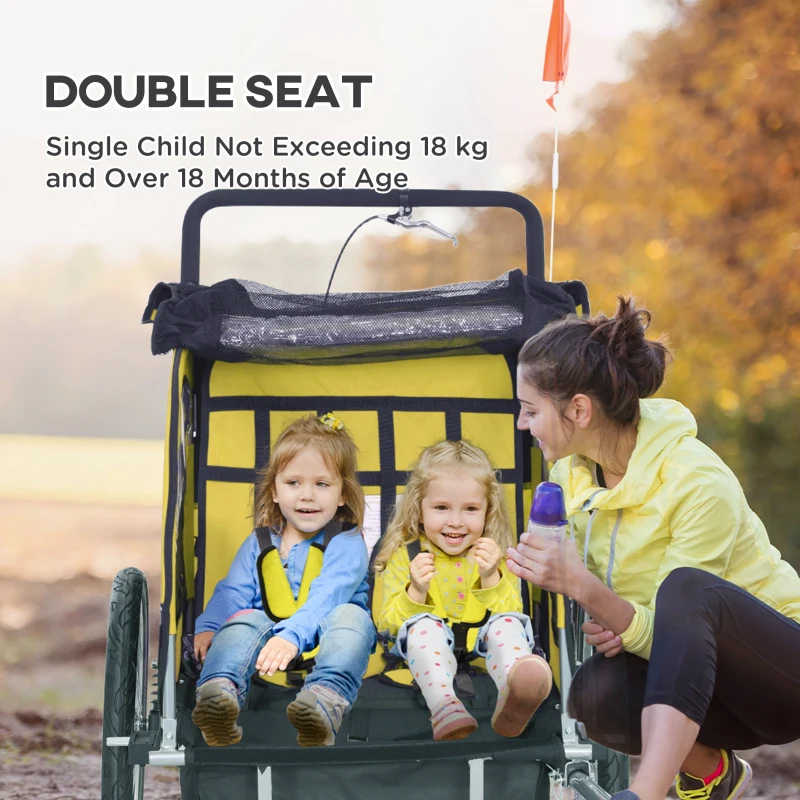 Aosom 2-in-1 Bike Trailer for Kids, Foldable 2-Seat Baby Stroller with 5-Point Harness, Rubber Wheels, Storage Bag, Yellow