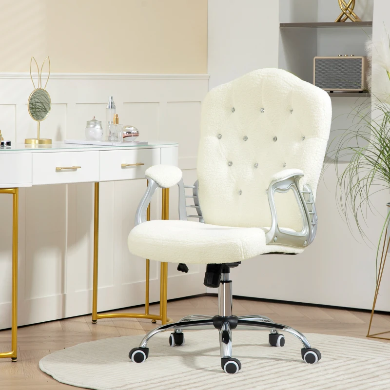 Vinsetto Teddy Fleece Computer Chair, Button Tufted Desk Chair with Swivel Wheels, Adjustable Height White