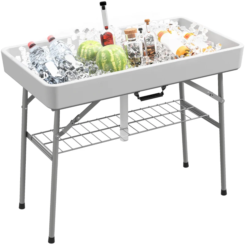 Outsunny 3.4ft Folding Ice Cooler Table with Drain, Outdoor Patio Party Cooler for Drinks, Fishing Cleaning Table with Storage Shelf for Picnic BBQ Camping Wedding, White