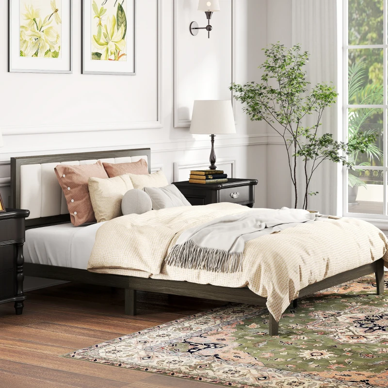 HOMCOM Queen Size Bed Frame with Headboard, Platform Bed Frame with Wooden Slats No Box Spring Needed Charcoal Gray