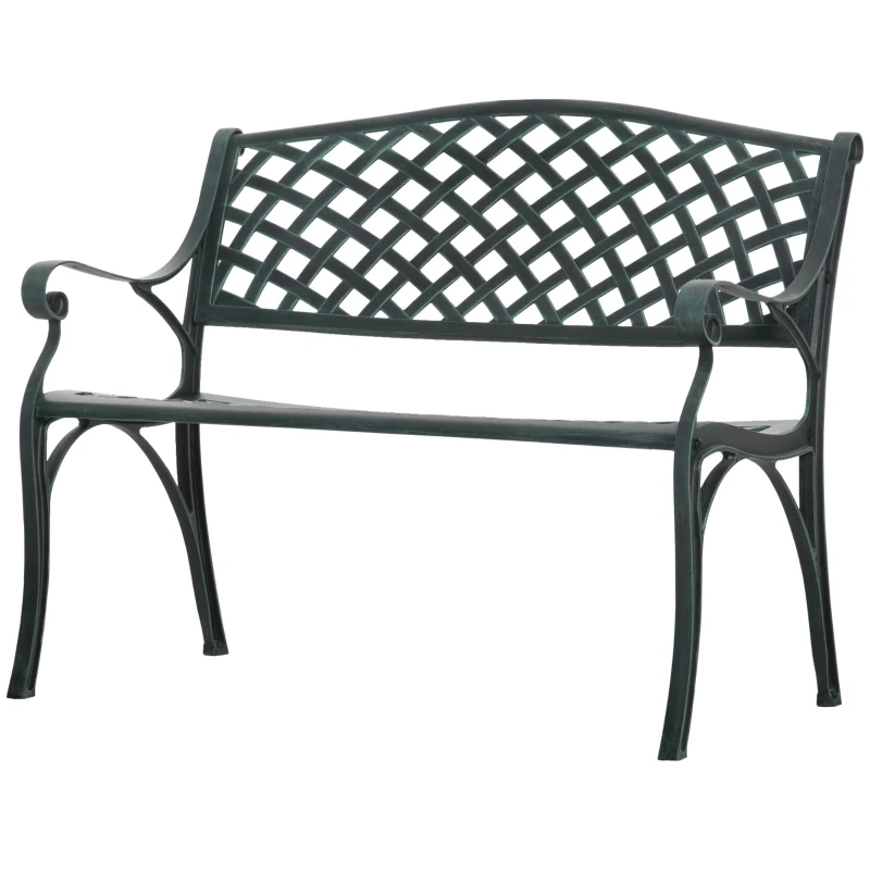 Outsunny Metal Garden Bench for Front Porch, Loveseat Like 2 Person, Armrests, Copper Color Cast Aluminum, Weaving Latticework Outdoor Furniture, Verdigris Green