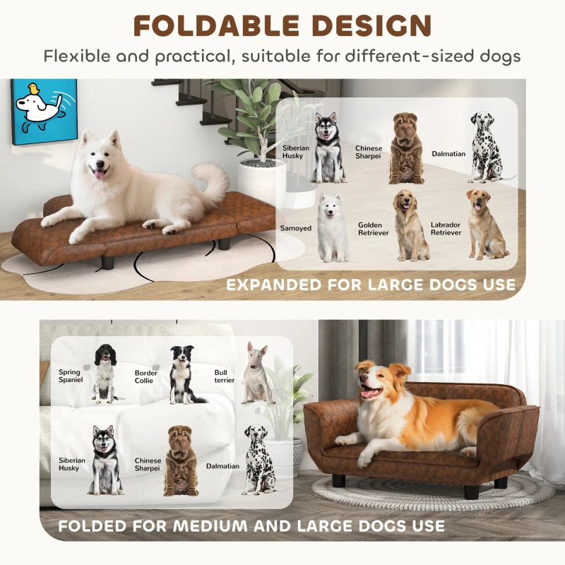 PawHut Pet Sofa Dog Bed Couch, Foldable Cat Lounger PU Leather Cover for Medium & Large Sized Animals, 39" x 21.75" x 17.75", Expandable to 52" x 30.25" x 7", Brown