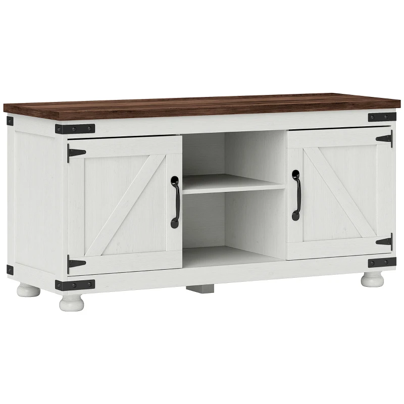 HOMCOM Farmhouse TV Stand for up to 50" TV, TV Cabinet with Barn Doors, Cable Management for Living Room, Distressed White