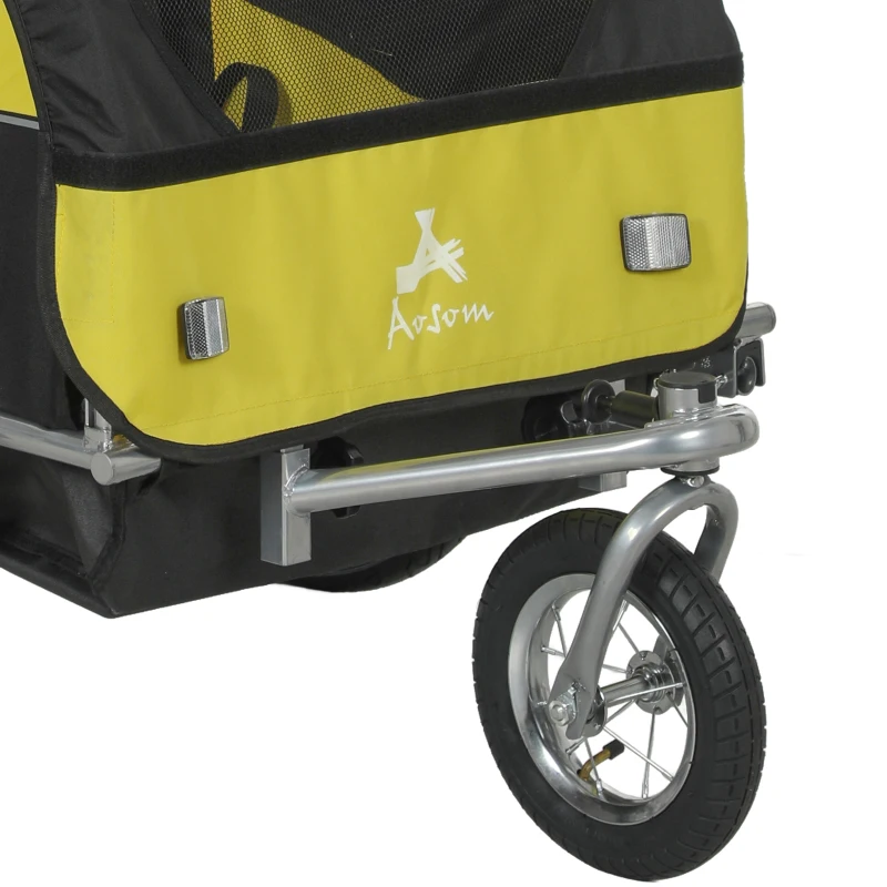 Aosom 2-in-1 Bike Trailer for Kids, Foldable 2-Seat Baby Stroller with 5-Point Harness, Rubber Wheels, Storage Bag, Yellow