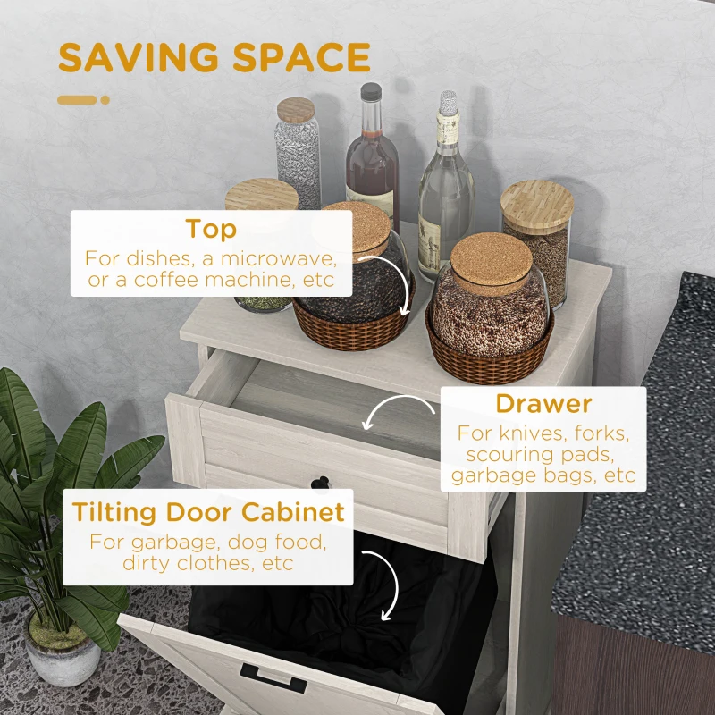 HOMCOM Kitchen Tilt Out Trash Bin Cabinet Free Standing Storage Cabinet with Drawer, Light Gray
