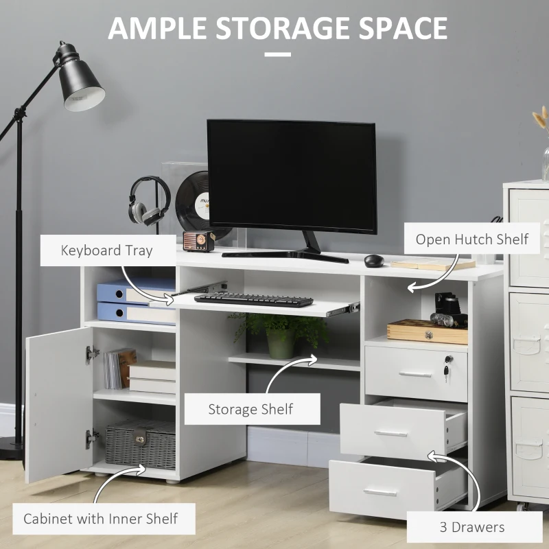 HOMCOM Computer Desk with Keyboard Tray and Drawers, Writing Desk, Home Office Workstation, White