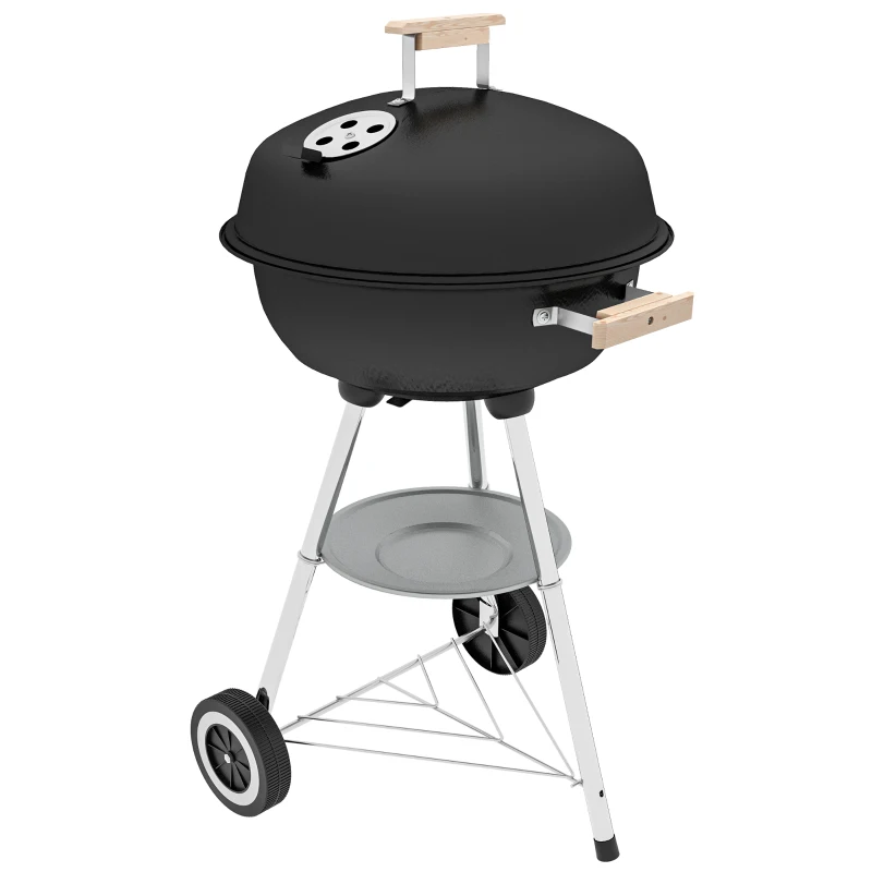 Outsunny Portable Charcoal BBQ Grill, Steel Outdoor Camp Picnic Cooker with Lid, Air Vents, Wheels and Storage Shelf, Black