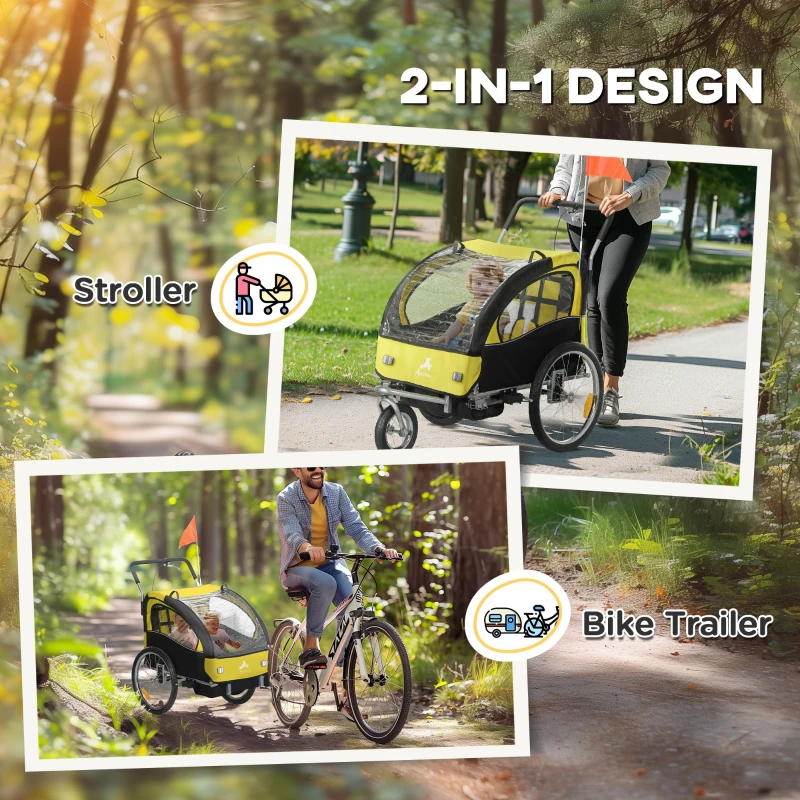 Aosom 2-in-1 Bike Trailer for Kids, Foldable 2-Seat Baby Stroller with 5-Point Harness, Rubber Wheels, Storage Bag, Yellow