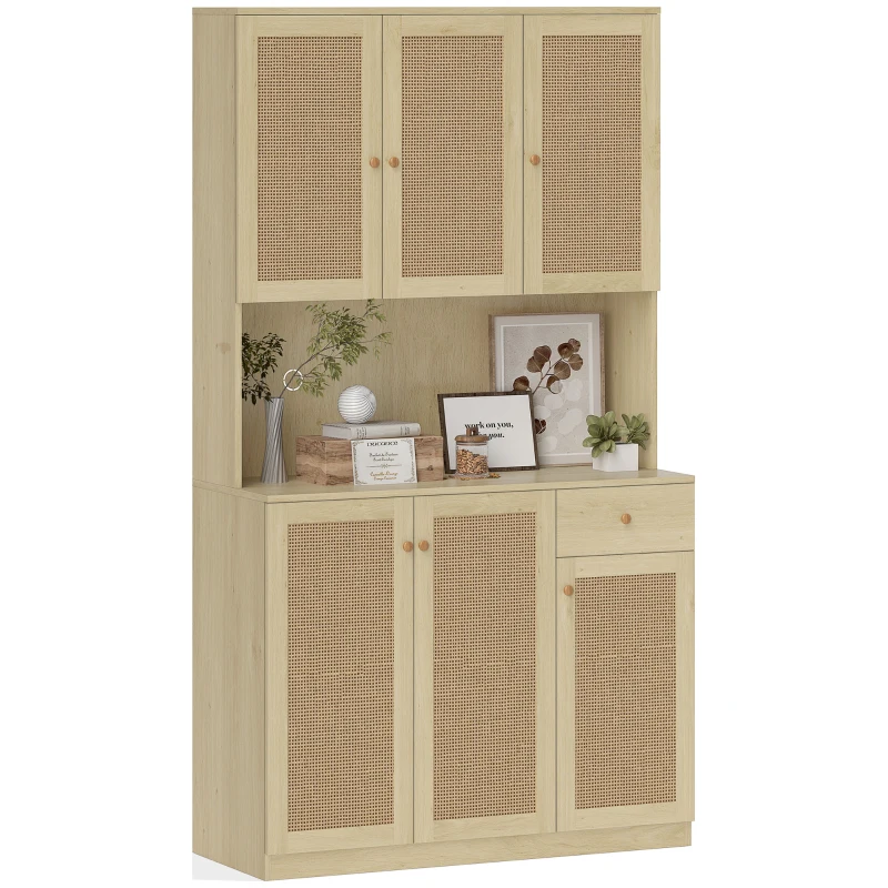 HOMCOM Kitchen Hutch with Microwave Countertop, 71" Boho Kitchen Pantry Cabinet with Decorative Rattan Doors, Natural