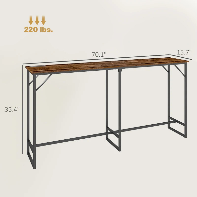 HOMCOM 70" Bar Table with Charging Station, Industrial Rectangular Bar Height Pub Table with Steel Frame, Rustic Brown
